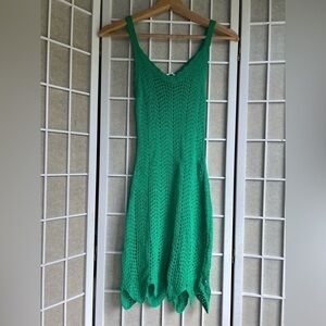 NWT Lovery Crocket Knit tank dress asymmetrical hem v neck thin straps green XS